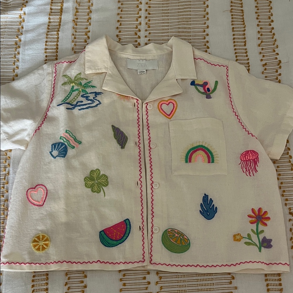 Zara Kids Beach Embroidered Button Down Shirt